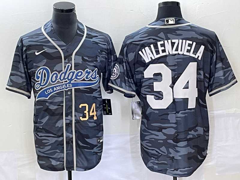 Mens Los Angeles Dodgers #34 Toro Valenzuela Number Gray Camo Cool Base With Patch Stitched Baseball Jersey